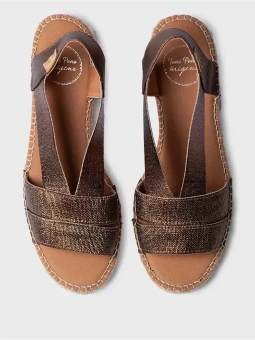 Toni Pons Bronze Espadrille Wide Heel Sandals Elastic Straps Size 38 EU 6.5 US